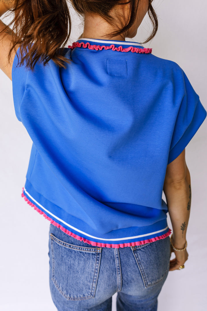 Contrast Frilled Trim Button Collared Short Sleeve Knit Top