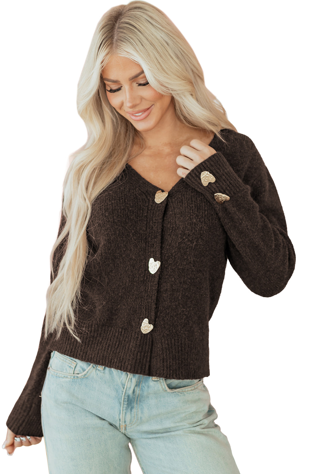 Heart Metal Button V Neck Cardigan Sweater