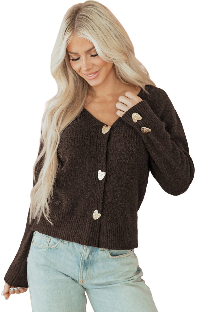 Heart Metal Button V Neck Cardigan Sweater
