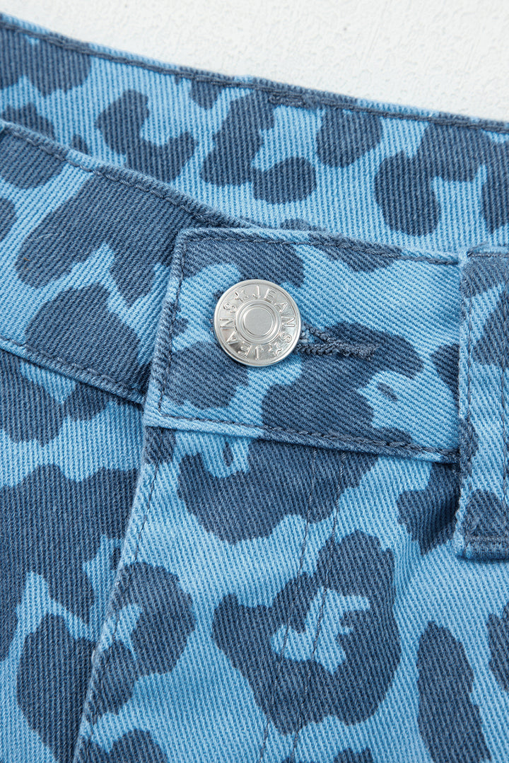 Sky Blue Leopard Print Barrel Leg Jeans