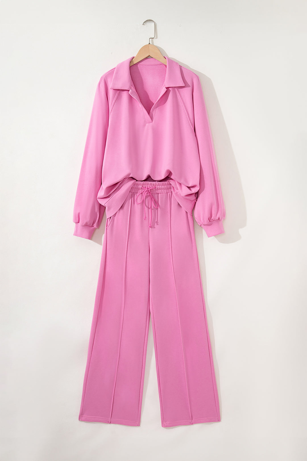 Bright Pink Polo Collar Pullover and Drawstring Sweatpants Set
