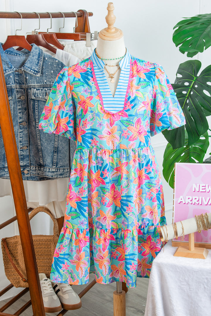 Multicolour Floral Print Contrast Scallop Striped Trim V Neck Dress