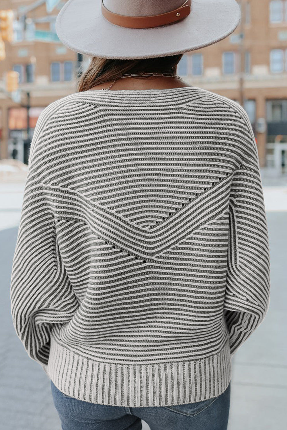 Striped Print Ribbed Knit Boat Neck Baggy Sweater