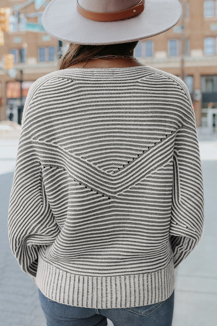 Striped Print Ribbed Knit Boat Neck Baggy Sweater