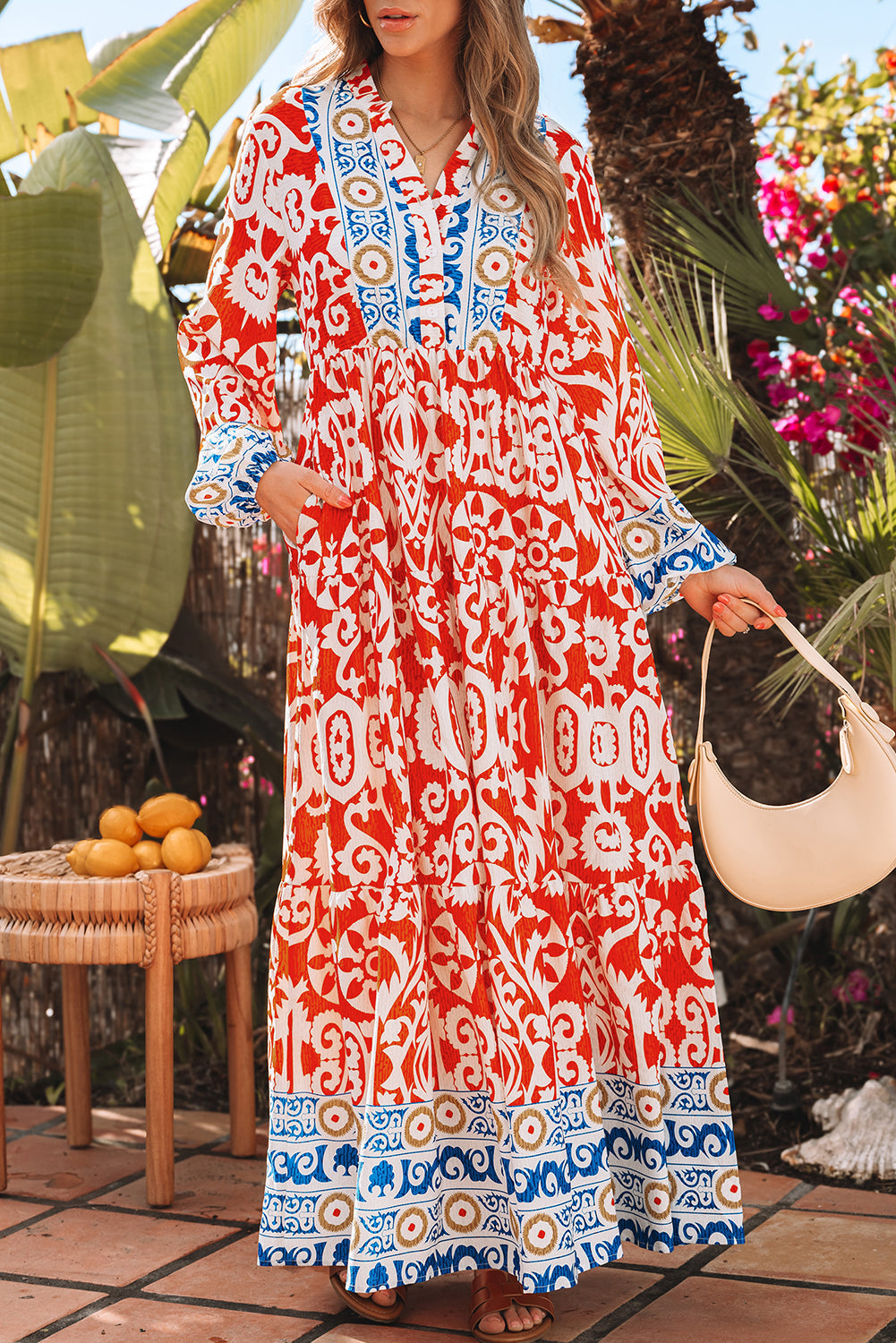 Boho Geometric Printed Long Sleeve Maxi Dress