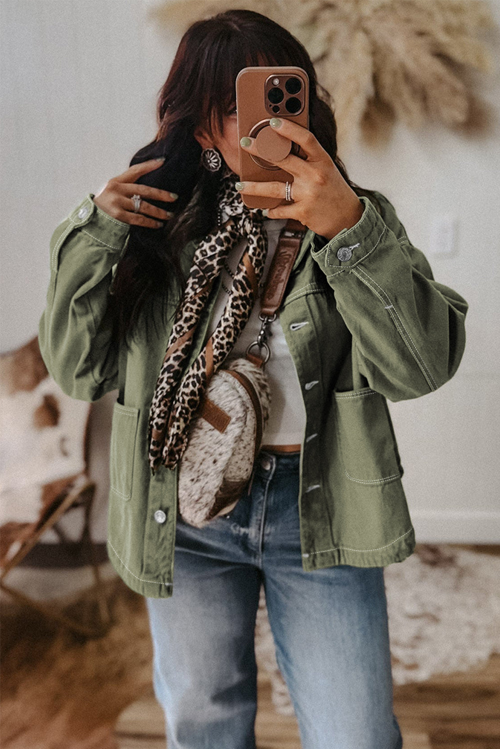 Patched Pocket Collared Button Front Boyfriend Denim Jacket