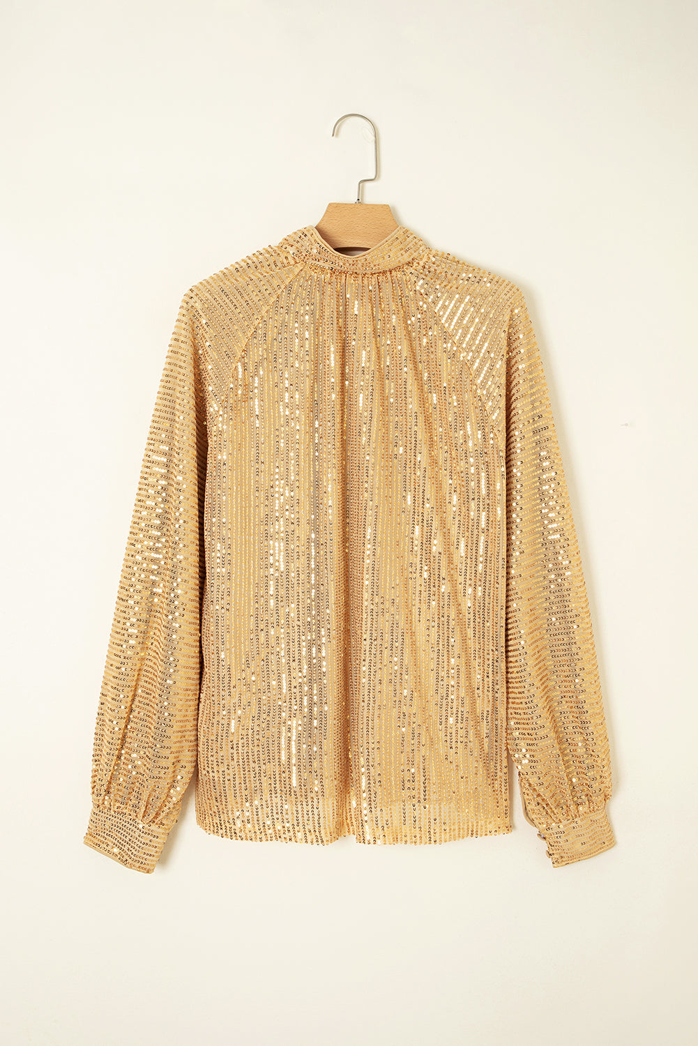 Metallic Balloon Sleeve Buttoned High Neck Loose Blouse