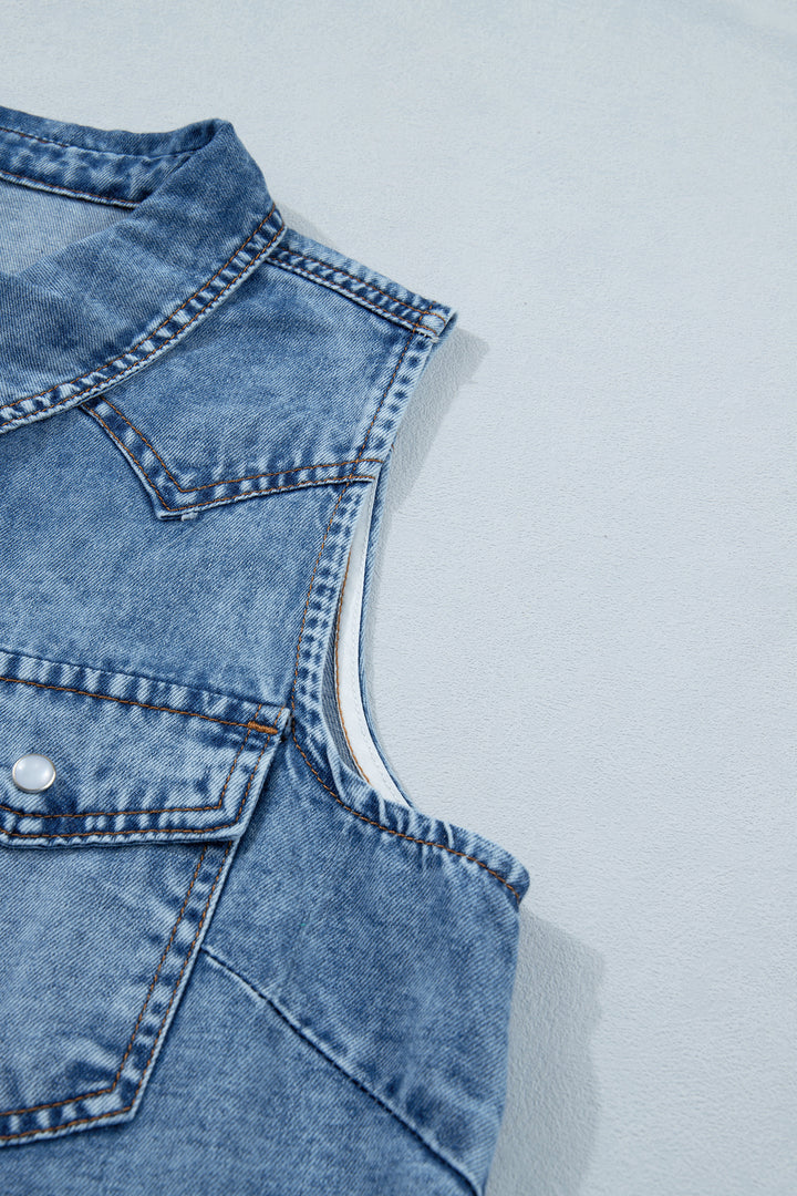 Dusk Blue Buttoned Front Collared Sleeveless Denim Vest