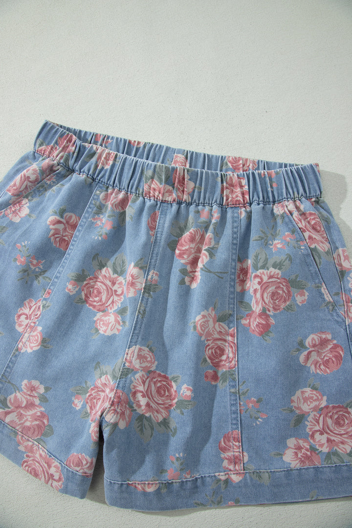 Sky Blue Floral Denim Short Sleeve Top Loose Shorts 2pcs Set