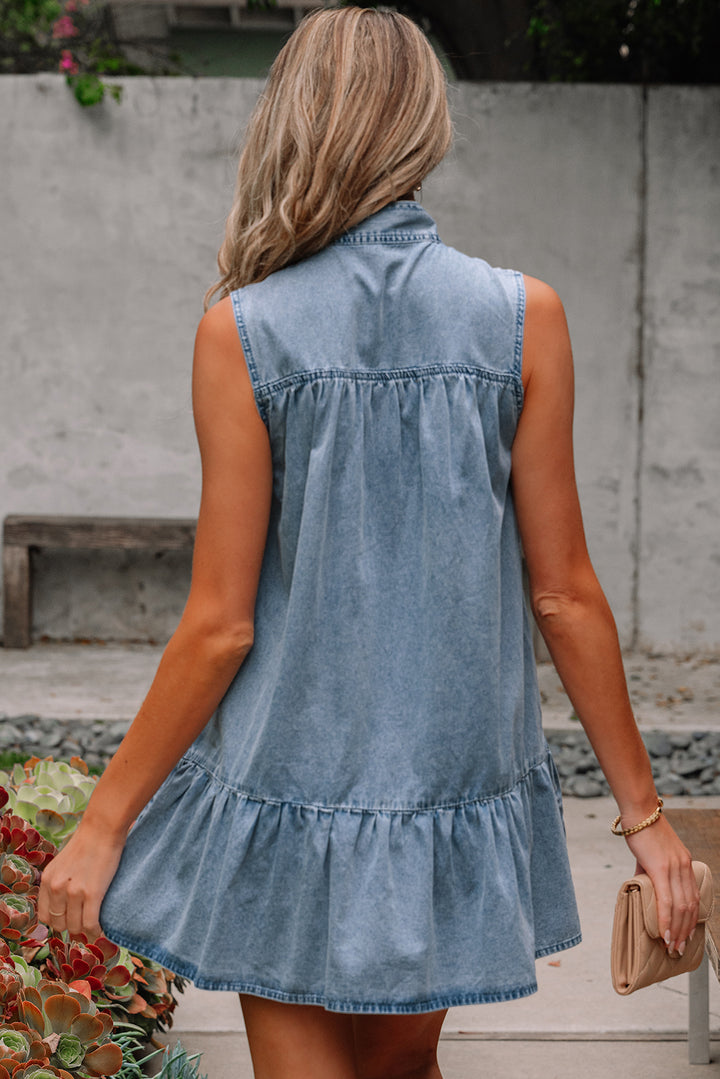 Bowknot Neck Sleeveless Ruffled Chambray Dress