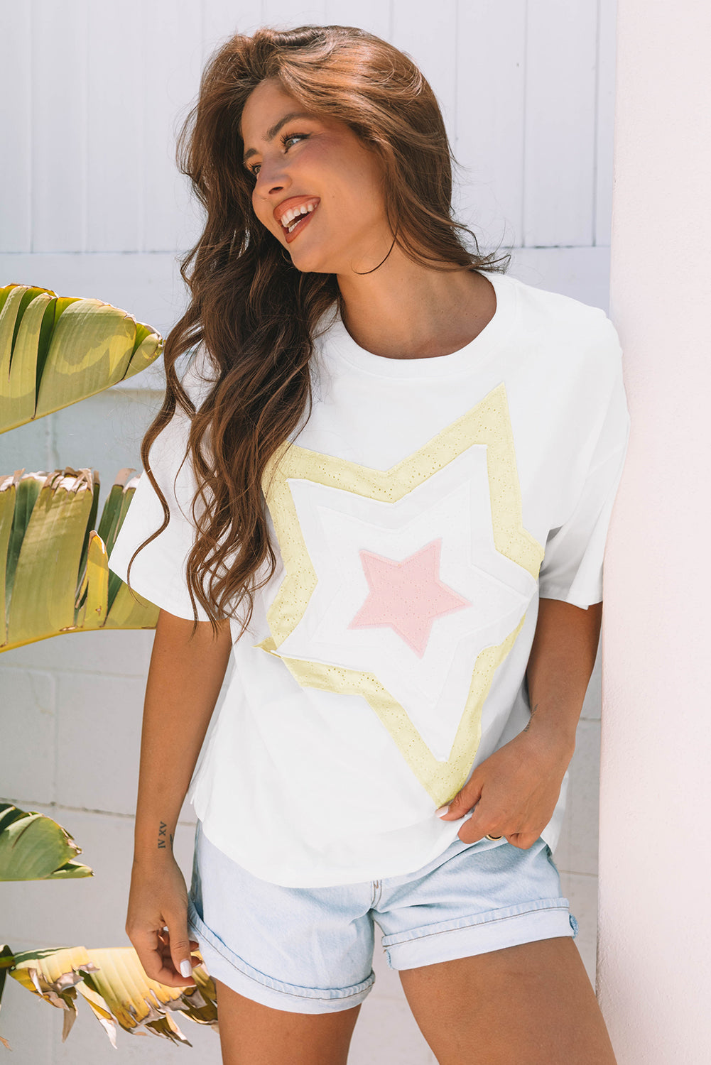 Star Layered Patched Graphic Drop Shoulder Half Sleeve Loose Tee