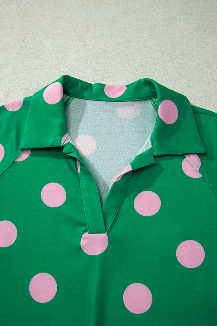 Green Polka Dot Print V Neck Tee Short Set