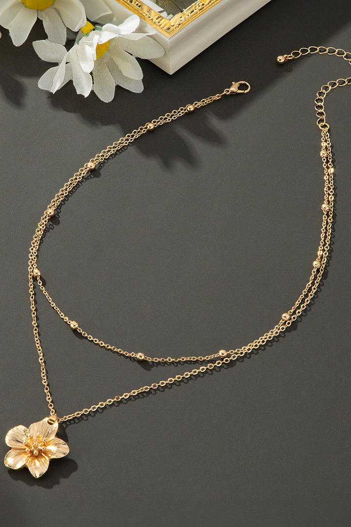 Collier double chaîne plaquée avec pendentif fleur et perles