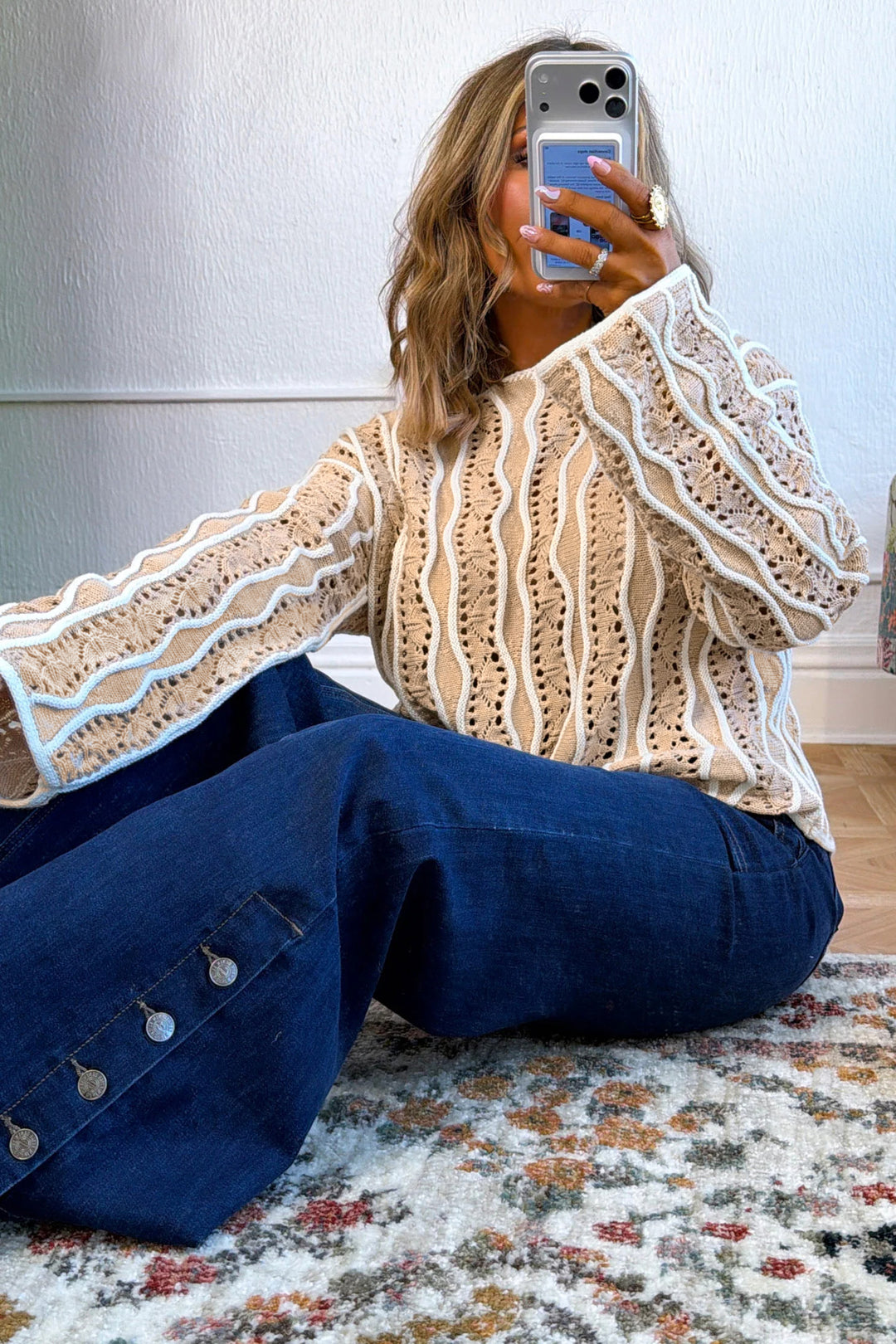 Khaki Wavy Detail Hollow Out Knit Cotton Pullover Sweater