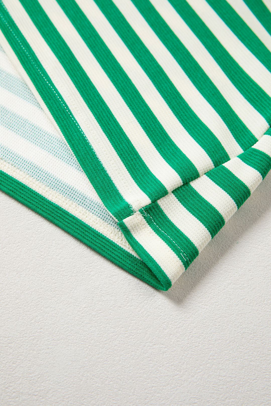 Green Stripe Contrast Trim Polo Collar Ruffled Short Sleeve Blouse