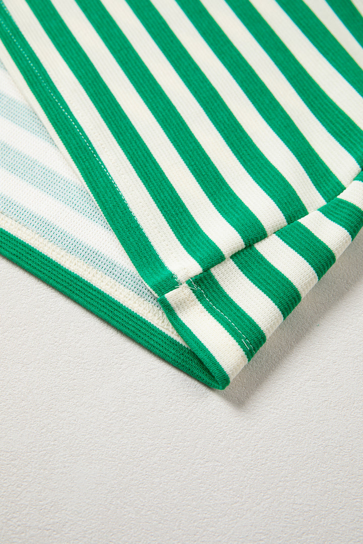 Green Stripe Contrast Trim Polo Collar Ruffled Short Sleeve Blouse