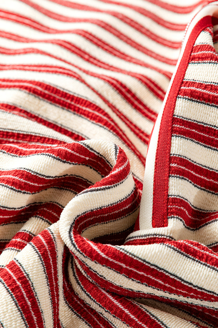 Racing Red Striped Print Contrast Collar Zip V Neck Long Sleeve Top