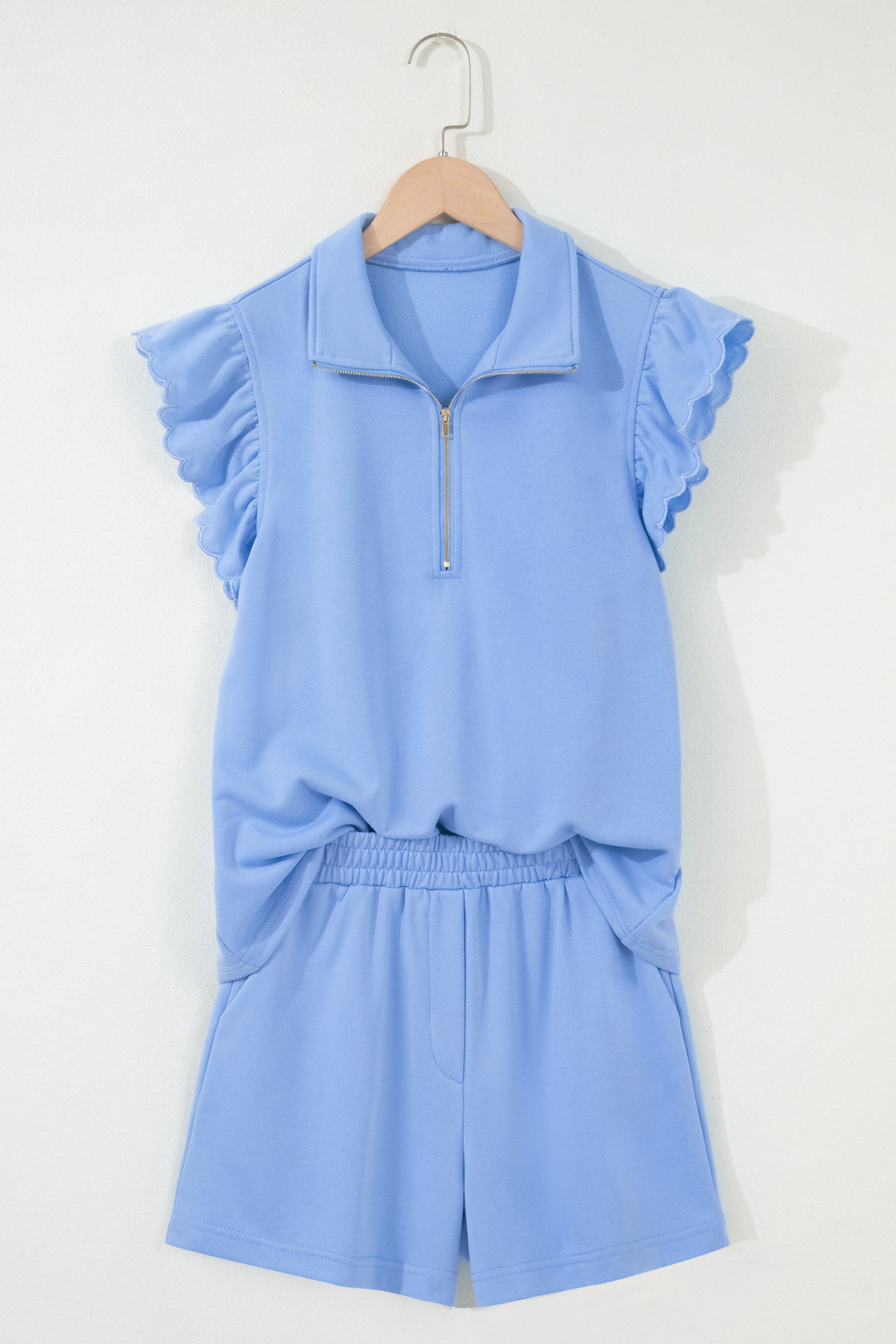 Sky Blue Half Zipped Ruffled Short Set