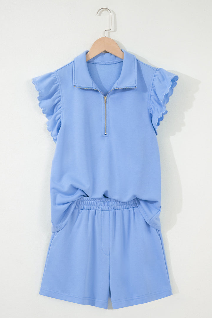 Sky Blue Half Zipped Ruffled Short Set