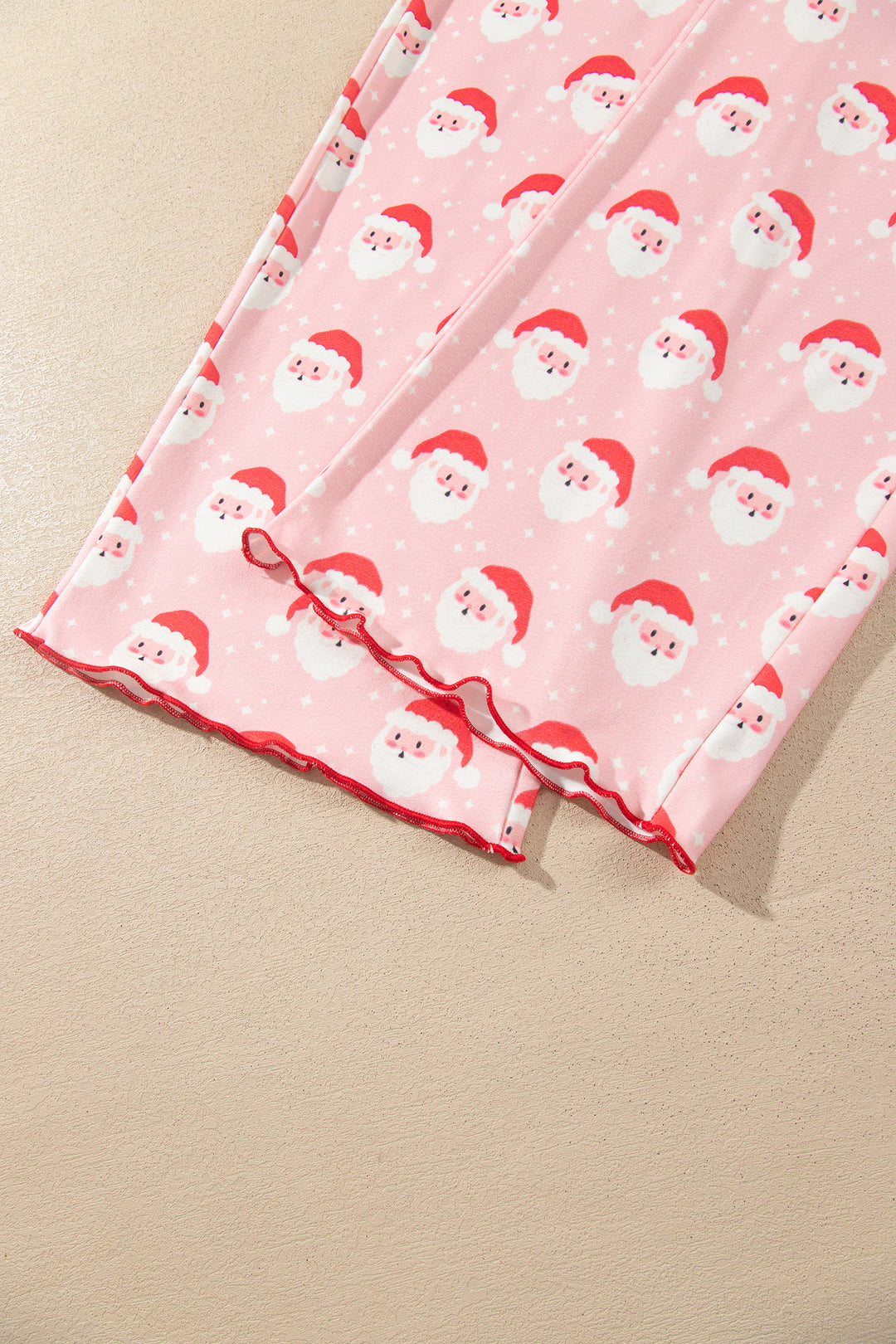 Pink Christmas Santa Print Frilled Button Front Long Sleeve Top Lounge Pant Set