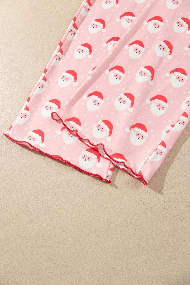 Pink Christmas Santa Print Frilled Button Front Long Sleeve Top Lounge Pant Set