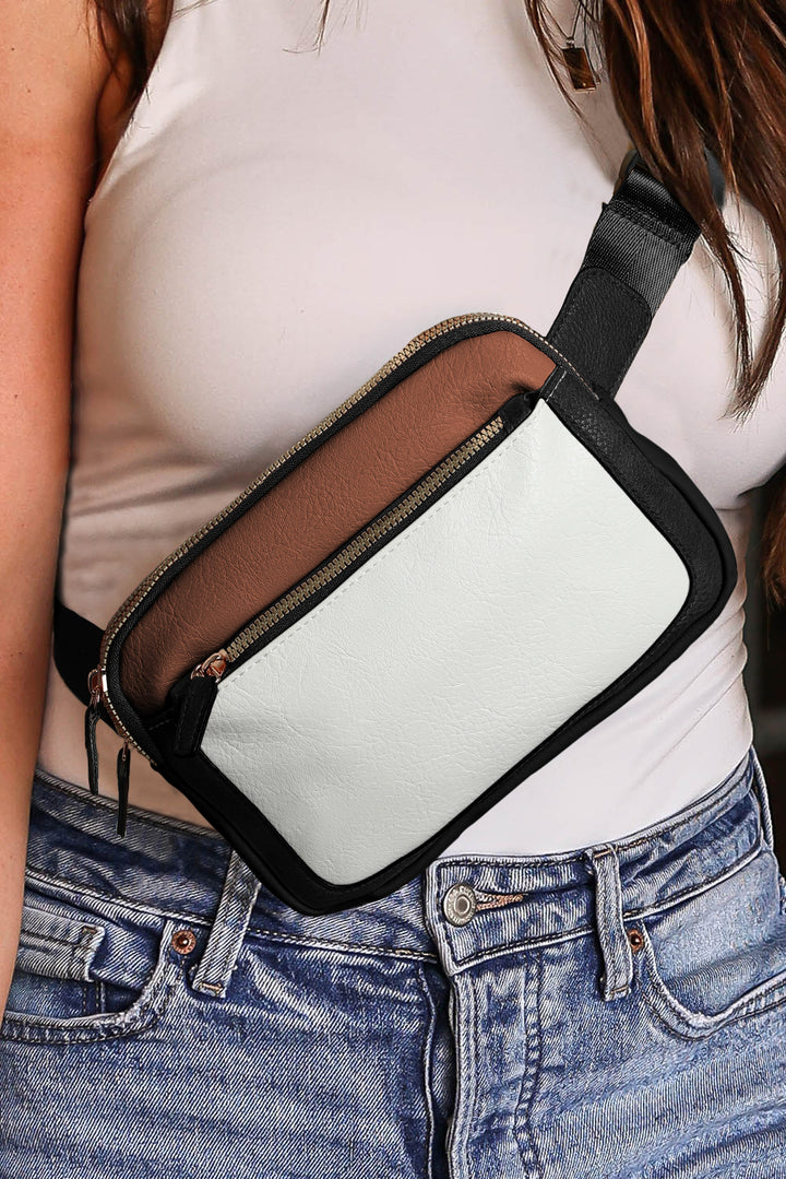 Leather Colorblock Zipped Removable Clip Crossbody Bag