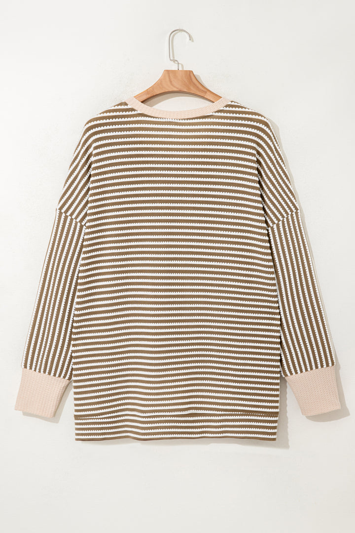 Khaki Stripe Textured Dolman Sleeve High Low Plus Size Top