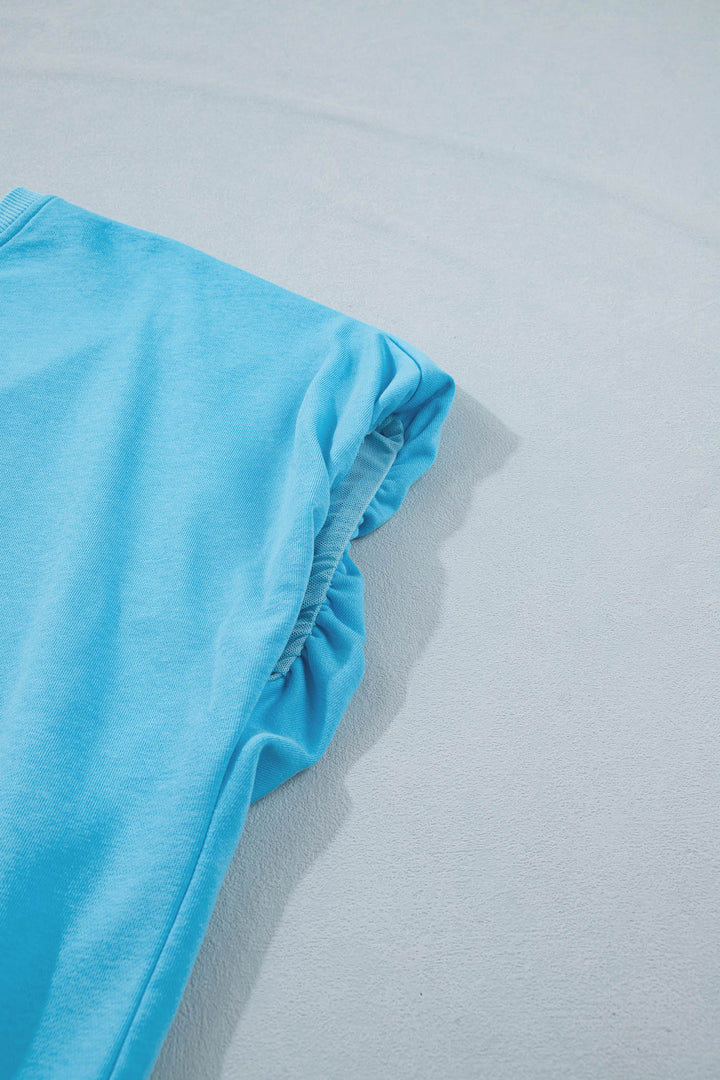 Light Blue Solid Color Puffy Loose Top Drawstring Shorts 2pcs Outfit