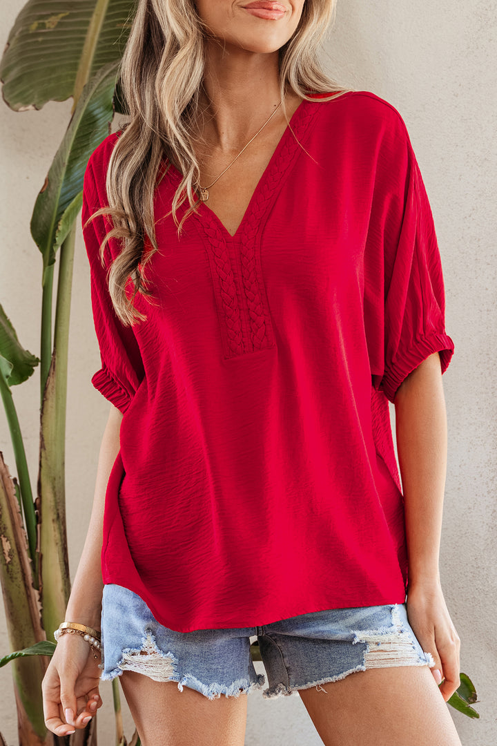 Braided Trim V Neck Half Sleeve Blouse