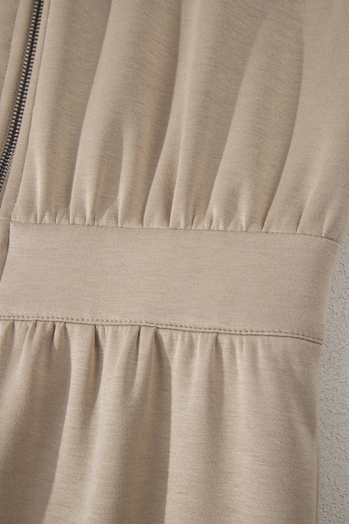 Dark Khaki Solid Color Zip Front Short Sleeve Collared Jumpsuit