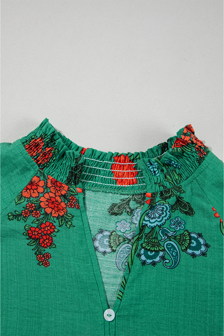 Floral Print Buttoned V Neck Short Sleeve Blouse