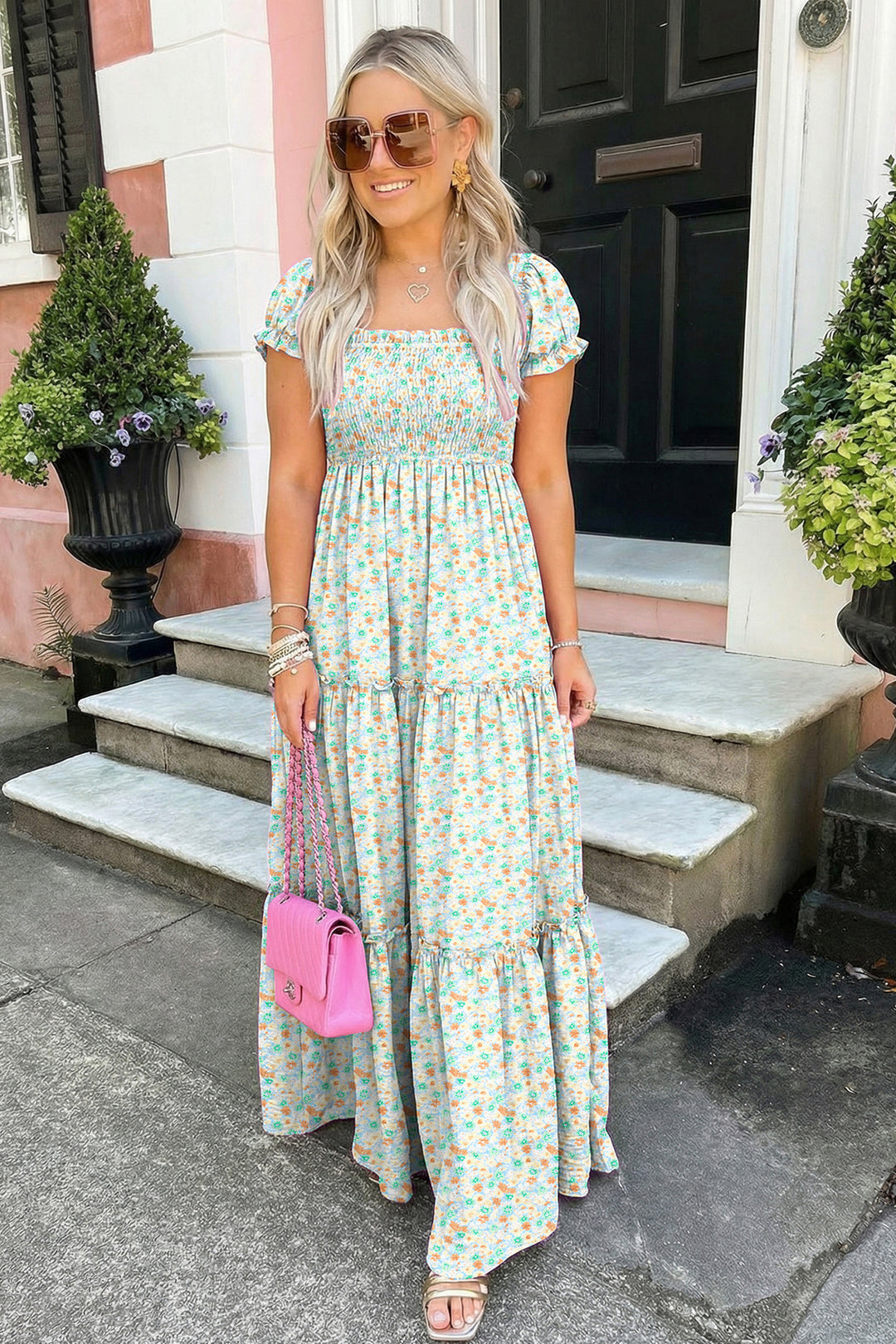 Green Floral Short Sleeve Shirred High Waist Maxi Dress