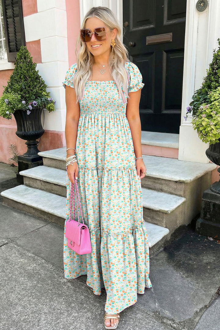 Green Floral Short Sleeve Shirred High Waist Maxi Dress