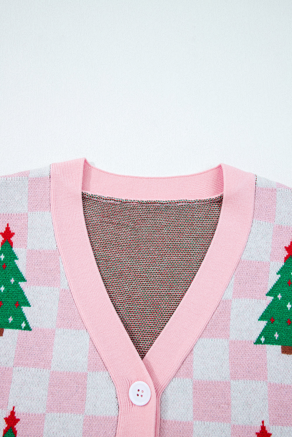 Checkered Christmas Tree Pattern Button V Neck Cardigan Sweater