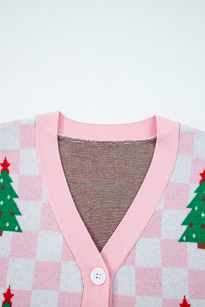 Checkered Christmas Tree Pattern Button V Neck Cardigan Sweater