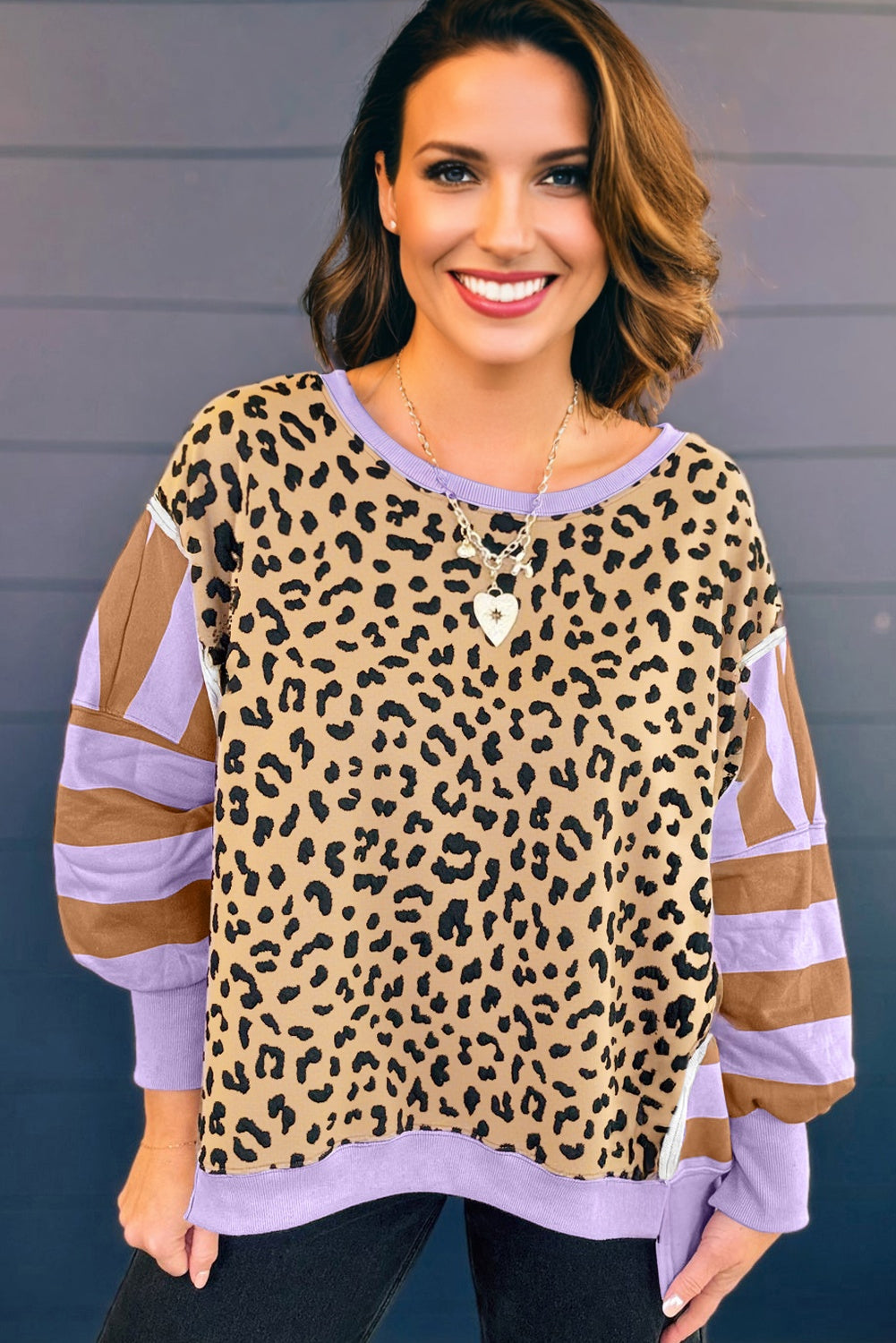 Purple Leopard Striped Patchwork Plus Size Loose Sweatshirt