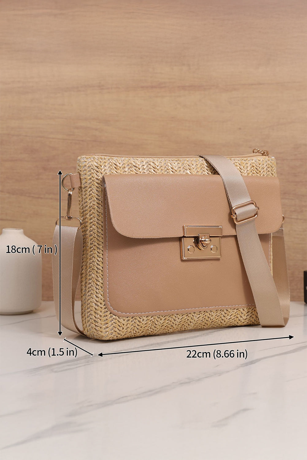 Leather Pocket Patchwork Straw Woven Shoulder Bag
