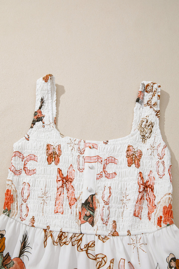 White Western Horseshoe Print U-Neck Sleeveless Midi Dress