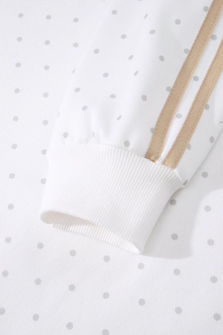 White Polka Dot Print Side Stripe Casual Sweatshirt 2pcs Short Set