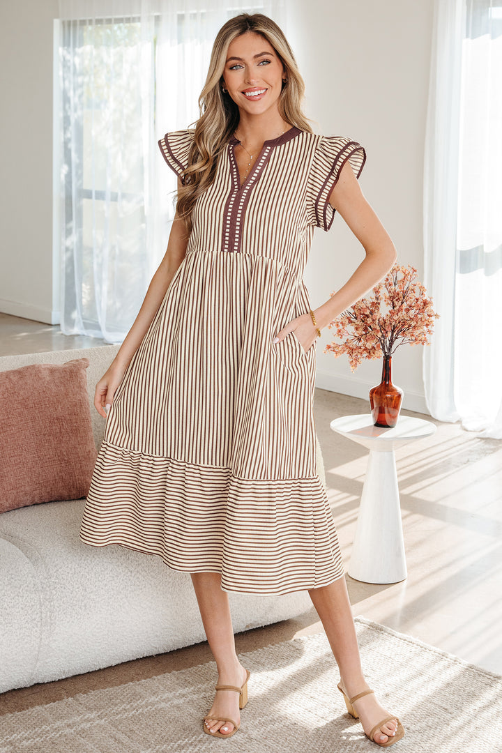 Double Ruffled Short Sleeve Contrast Trim V Neck Midi Dress