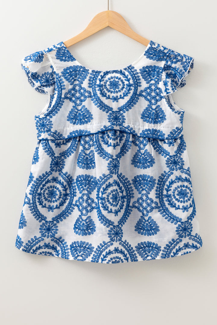 Blue Boho Print Flutter Sleeve Crew Neck Blouse