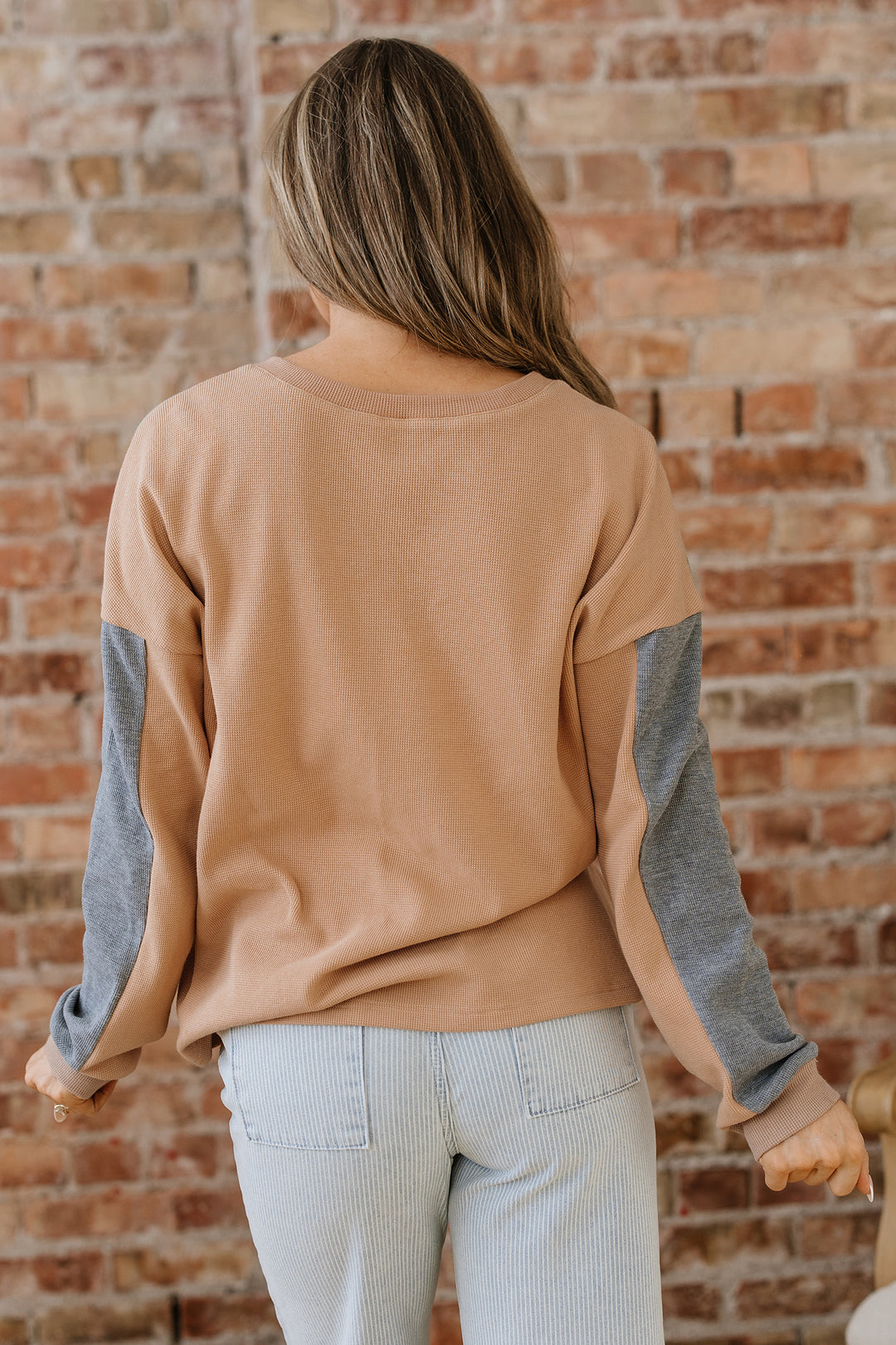 Color Block Thermal Textured Knit Drop Shoulder Henley Top