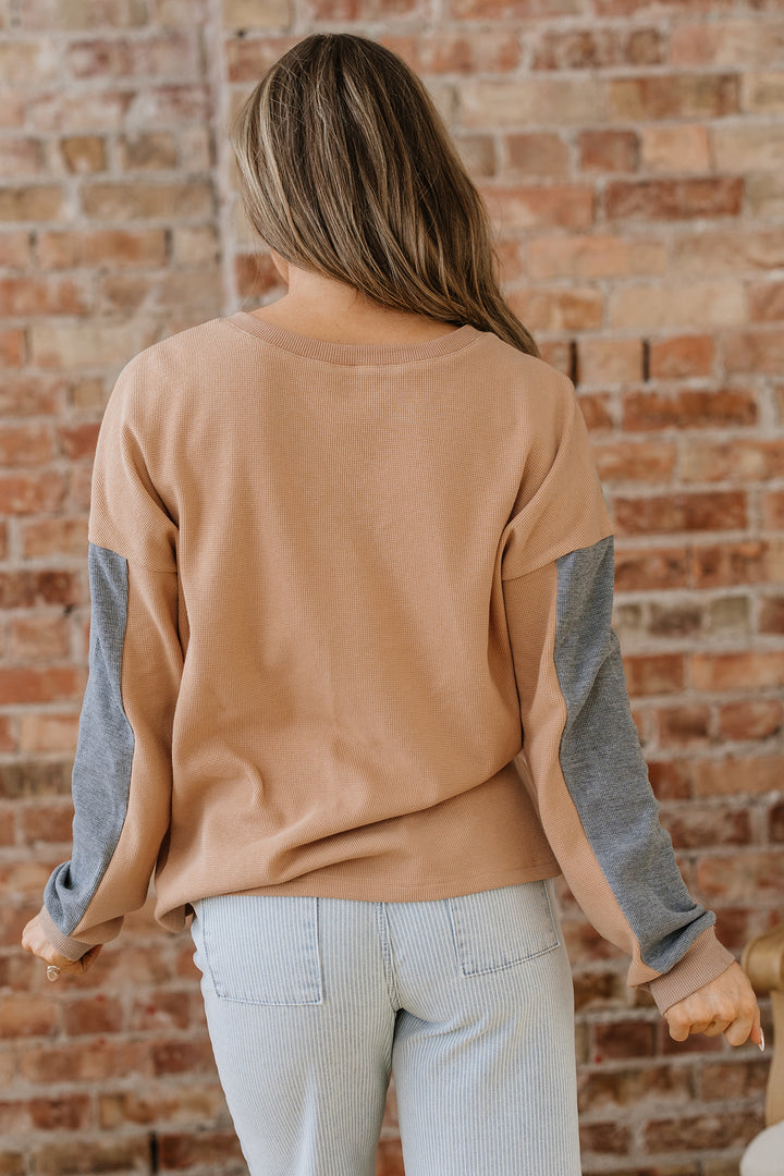Color Block Thermal Textured Knit Drop Shoulder Henley Top