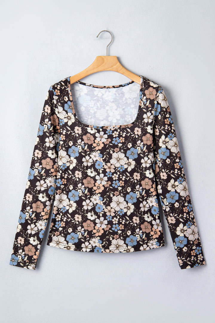 Black Floral Print Slim Long Sleeve T Shirt