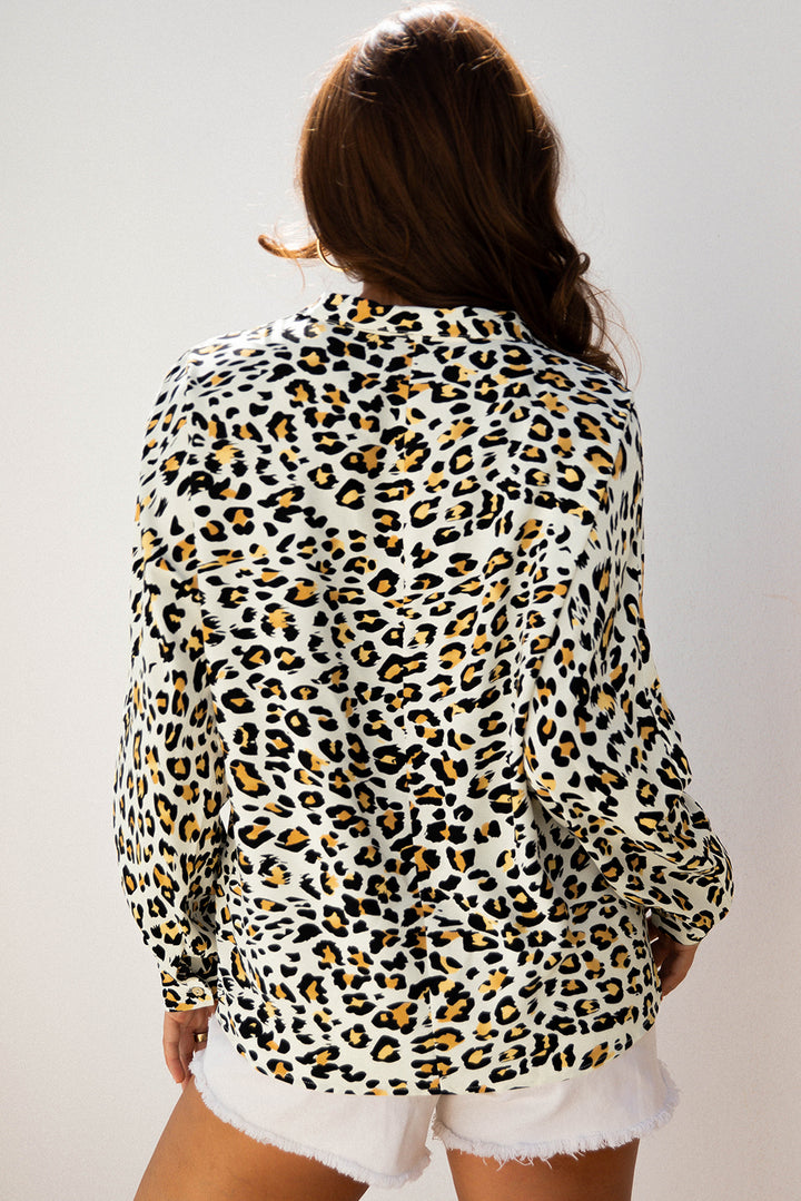 Leopard Print Contrast Striped V Neck Blouse
