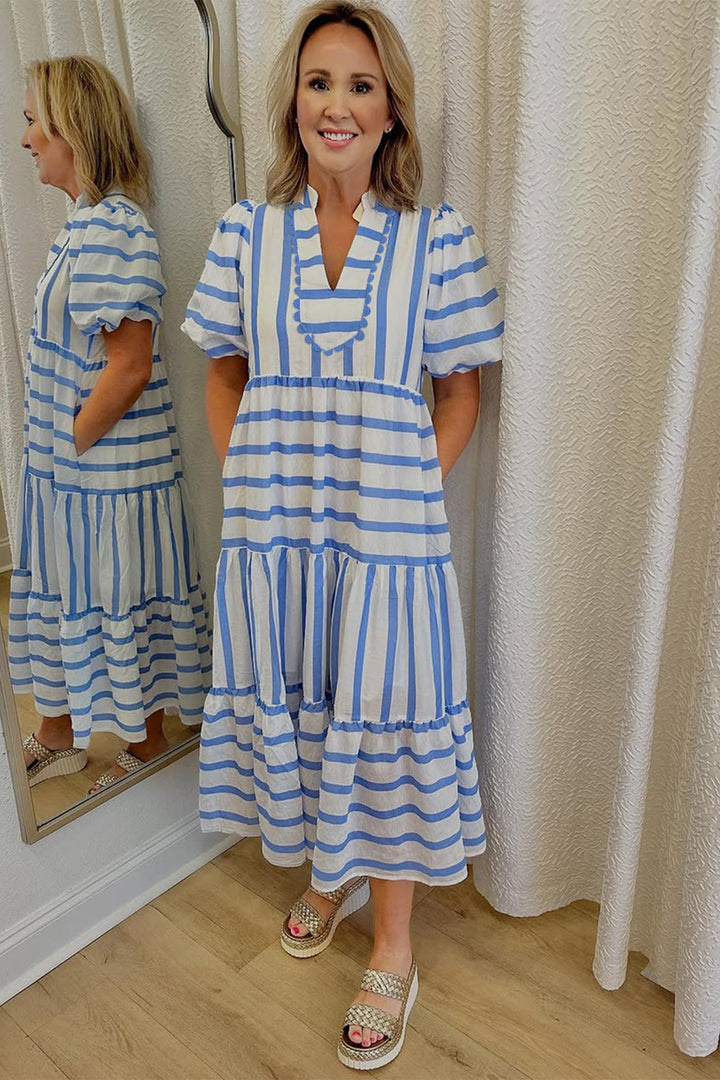 Ricrac Trim Notched Neck Half Sleeve Vacation Dress