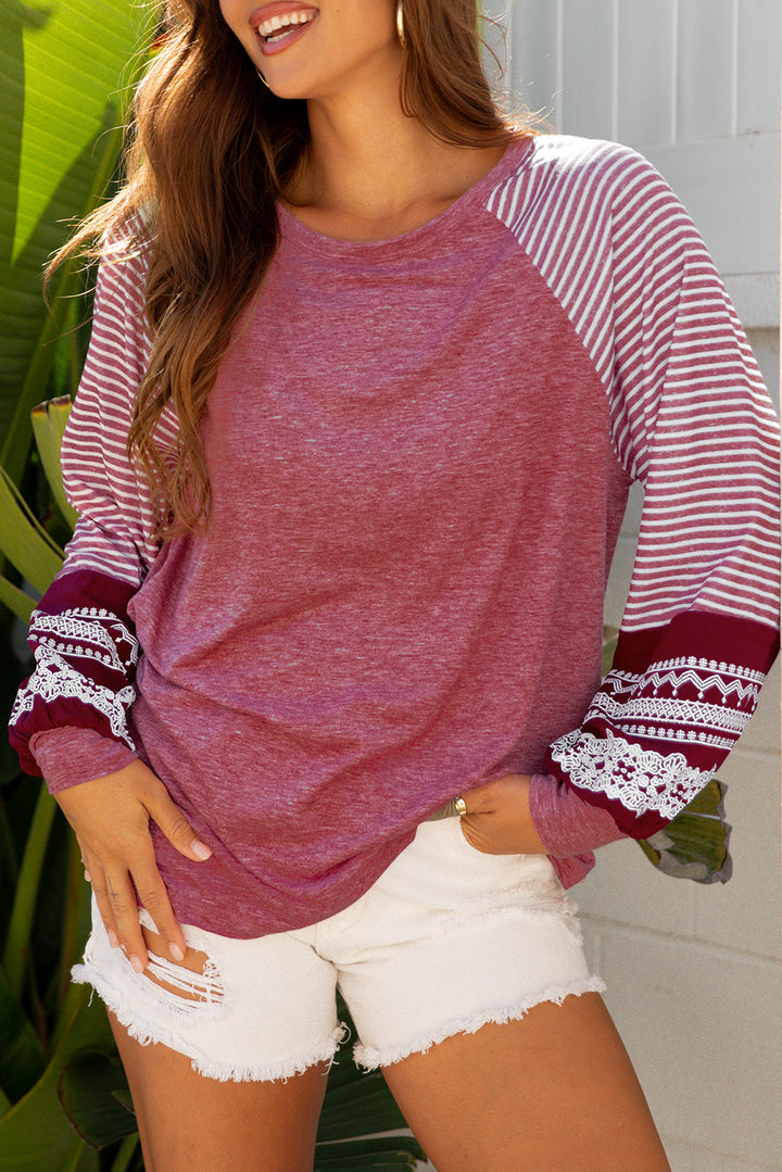 Burgundy Contrast Print Striped Raglan Long Sleeve Loose Top