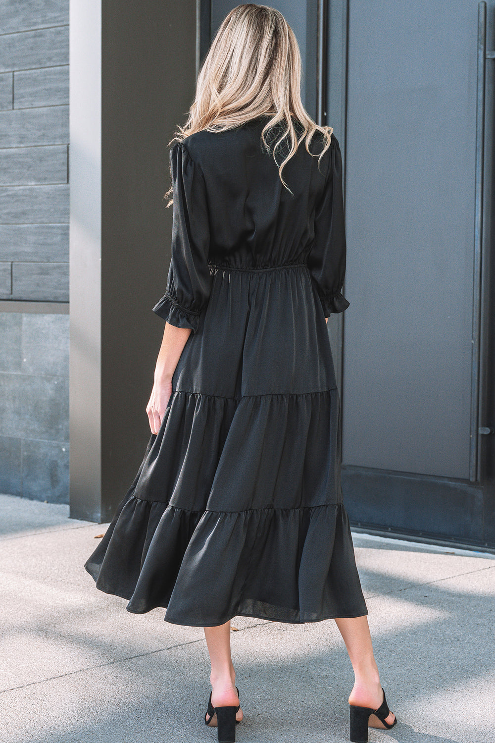 Flounced Bracelet Sleeve V Neck Tiered Maxi Dress