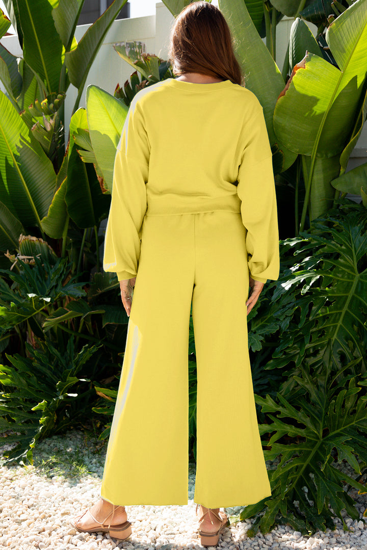 Yellow Cream Drop Shoulder Puff Sleeve Crop Pullover Drawstring Wide Leg Pants Set