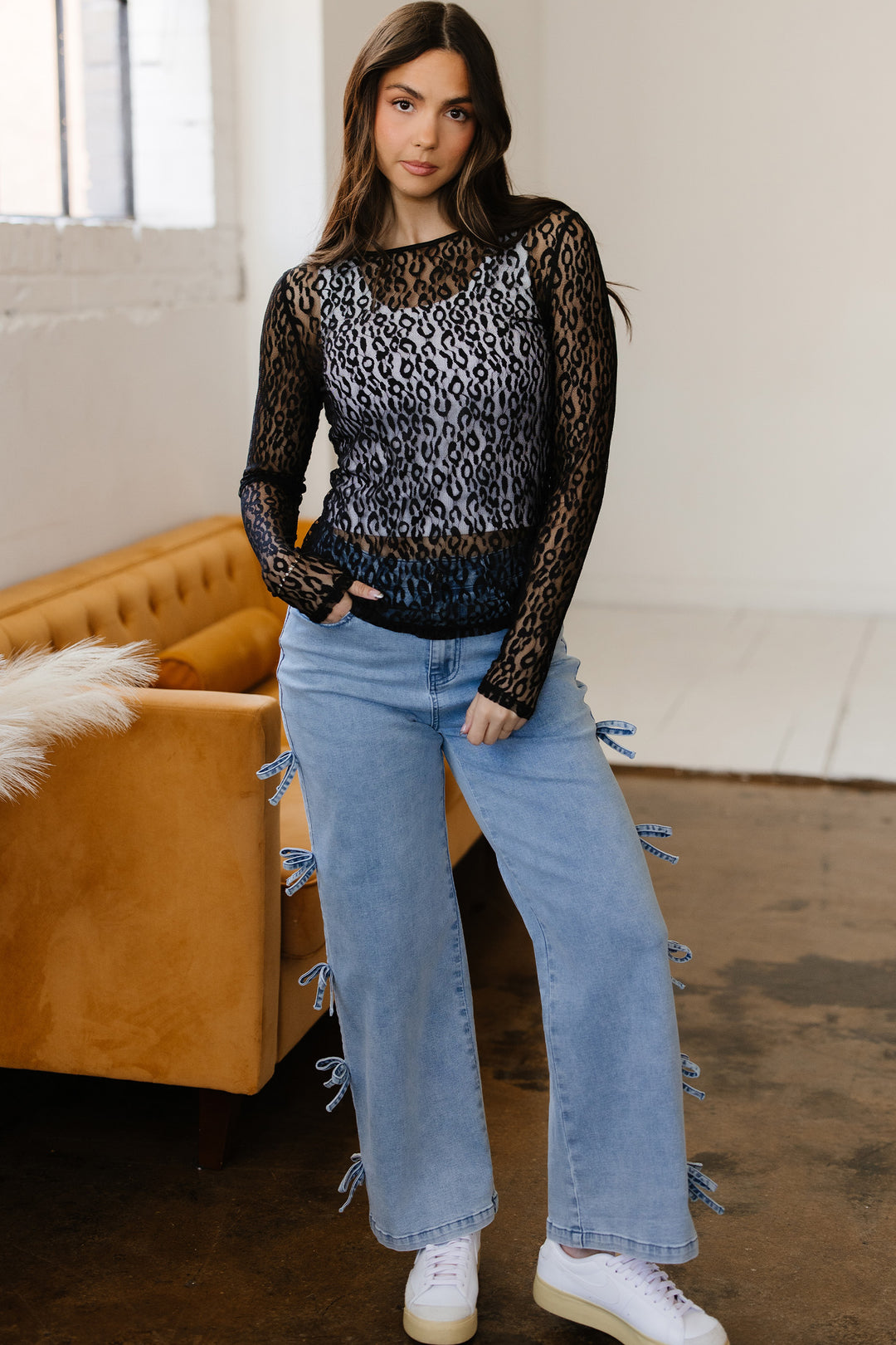 Leopard Pattern Sheer Mesh Long Sleeve Top